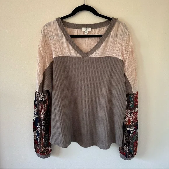 Umgee Boho Long Sleeve V-Neck Waffle Blouse Top Floral Statement Sleeves Casual - Picture 4 of 4